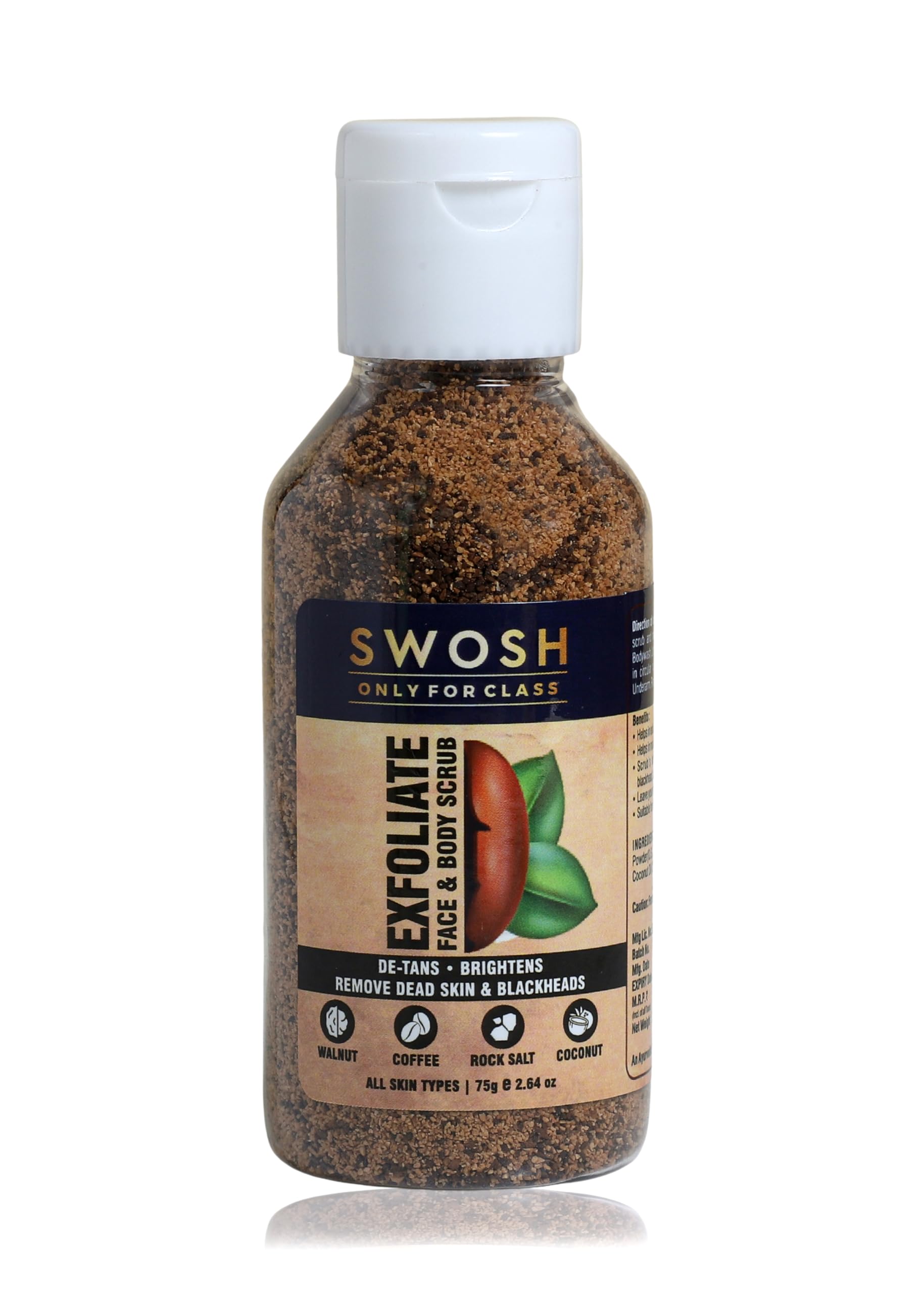 SWOSH Exfoliate Walnut Scrub 75g For Face & Body With Coffee & Coconut For Dead Skin Cells & Tan Removal, Blackheads, Dirt & Pollution Free Skin