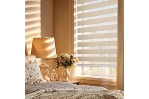 HESTIA Cordless Light Filtering Zebra Shades, Linen-Like Fabric Blinds for Indoor Windows, Dual Layer for Day & Night Light Control in Bedroom/Living Room/Office, Cream, 34" W x 80" H