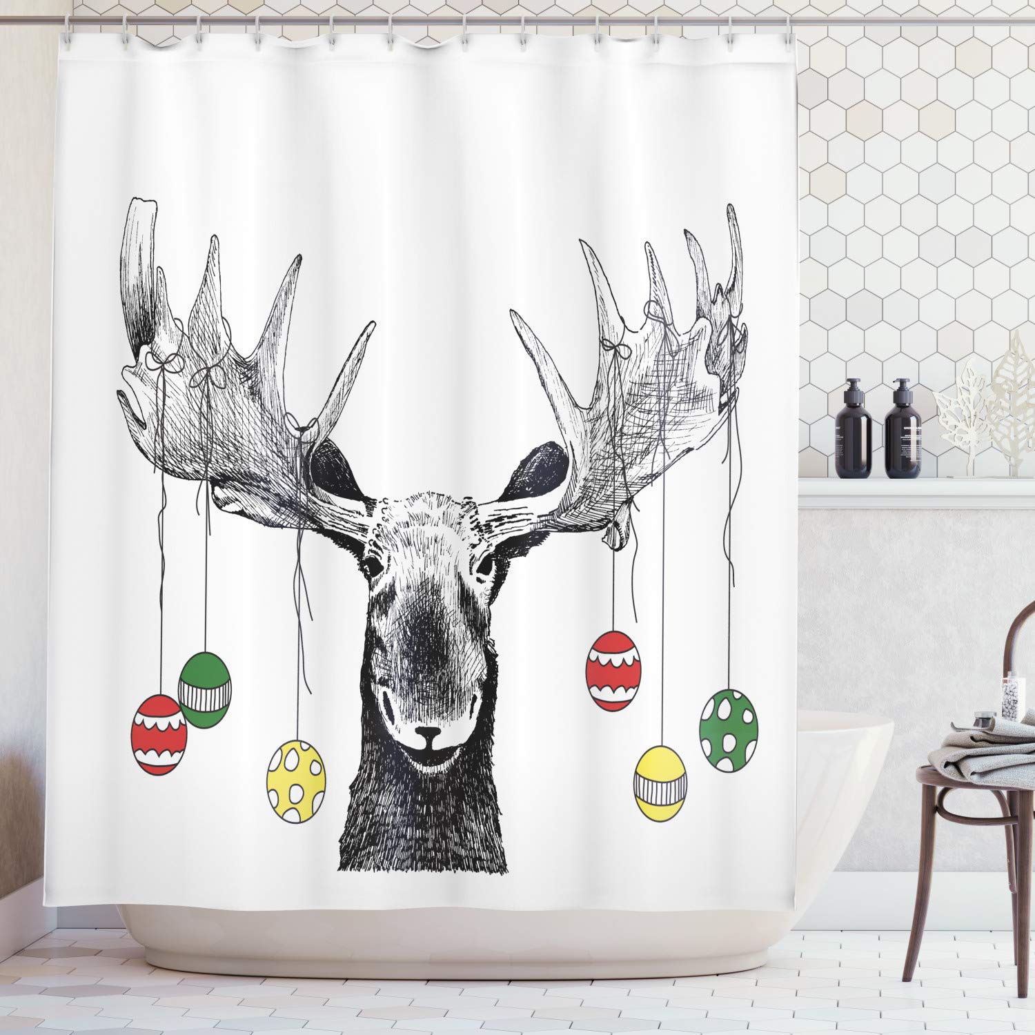 ABAKUHAUS Moose Shower Curtain, Christmas Animal Xmas Ornaments Balls Hanging from Horns Funny Noel Sketch Art, Cloth Fabric Bathroom Decor Set with Hooks, 78 Inches, Multicolor