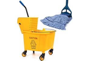 KALTELL 35 Quart Commercial Mop Bucket with Side Press Wringer on Wheels and 1 Industrial Mop for Floor Cleaning, Use at Home Business Area, Janitorial Supplies, Rectangular