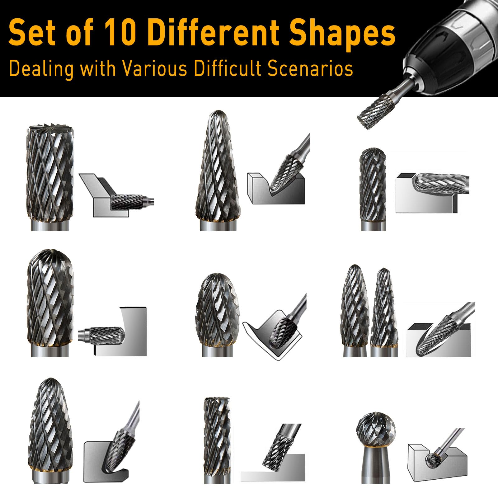 Hartmetall Frässtifte Set, 10 Stück Doppelschnitt mit 6mm Schaft Rotationsfräser Bits Raspel Set für Holz, Stahl, Metall, Polieren, Gravieren und Bohren 5