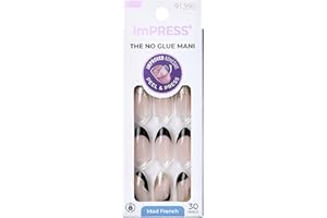 KISS imPRESS No Glue Mani Press-On Nails, French, 'Illusion', Dark Neutral + Black Tip French, Medium Size, Almond Shape, Includes 30 Nails, Prep Pad, Instructions Sheet, 1 Manicure Stick, 1 Mini File