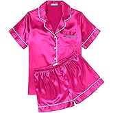 Ekouaer Womens Silk Satin Pajama Sets Soft Short Sleeve Button Down Sleepwear Top and Shorts 2 Piece Pjs Lounge Set