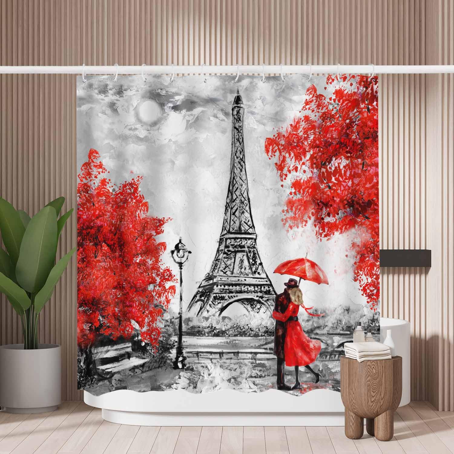 Woutay Shower Curtain Mould Proof Resistant Romantic Lover Eiffel Tower,Water Repellant Fabric,Polyester,with 12 Plastic Hooks
