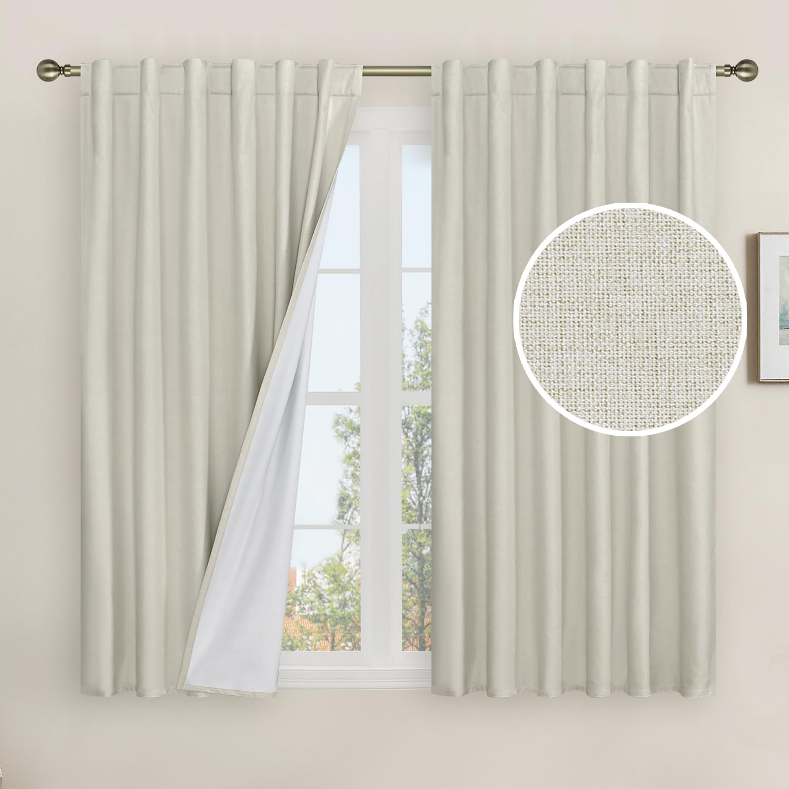 Photo 1 of LAMIT 100% Blackout Linen Curtains 45 Inch Length for Bedroom, Linen Textured Thermal Kitchen Curtains Back Tab and Rod Pocket Window Panels with White Liner, 2 Panels, 52 x 45 Inch, Stone
