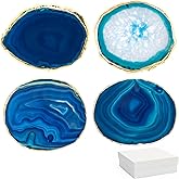 Blue Agate Coasters Set of 4 with Gift Box, Luxiv 3-4" Agate Coasters for Drinks Natural Crystal Coasters with Gold Edge Brazilian Geode Stone Coaster for Coffee, Drinks, Tea (Blue, 3-4 inches)