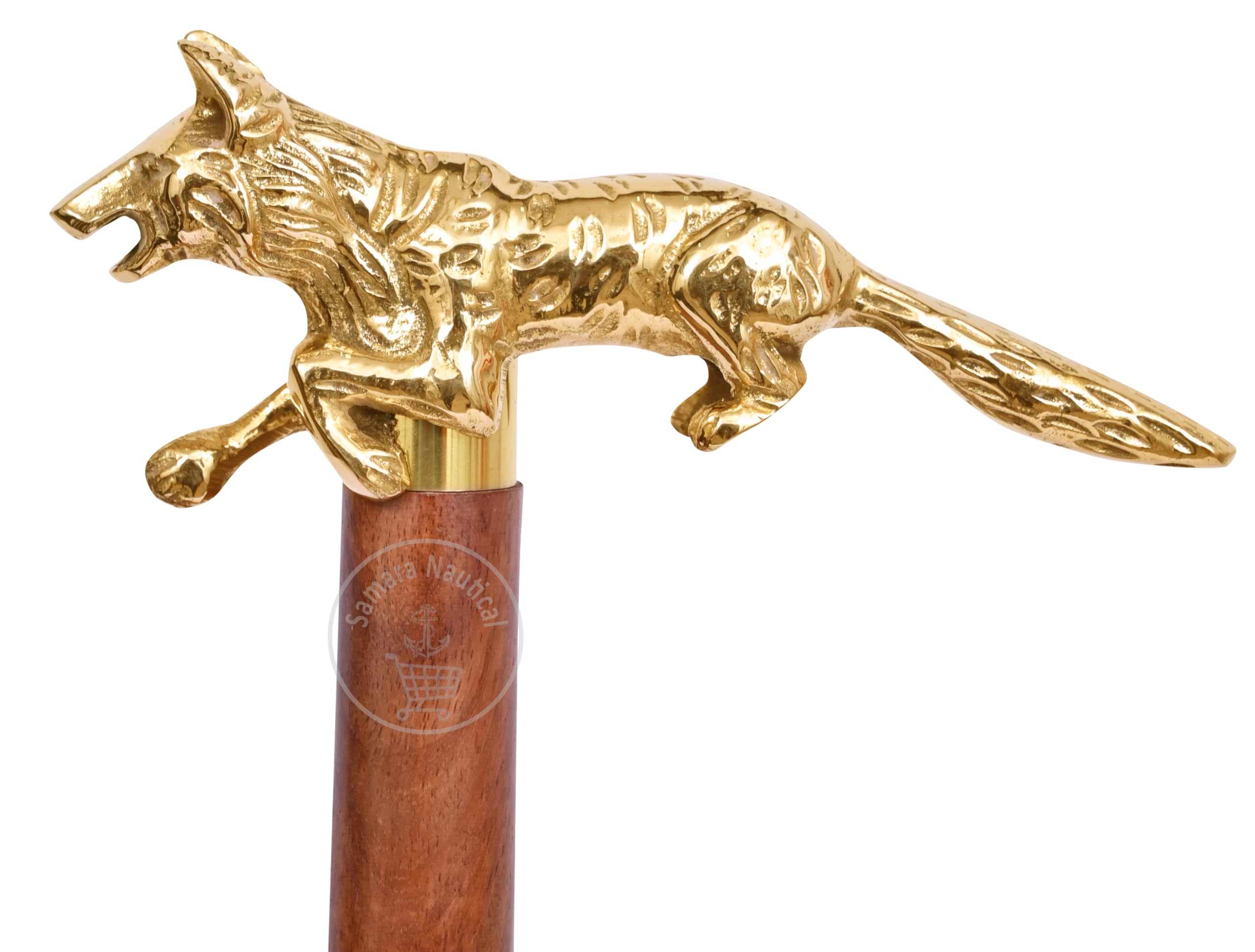 Brass Fox Handle Walking Stick Cane Shaft Wood Cane Handle Vintage Stick Three FOLD Shaft Men & Women Useing for Party Wear & Decorative Gifts