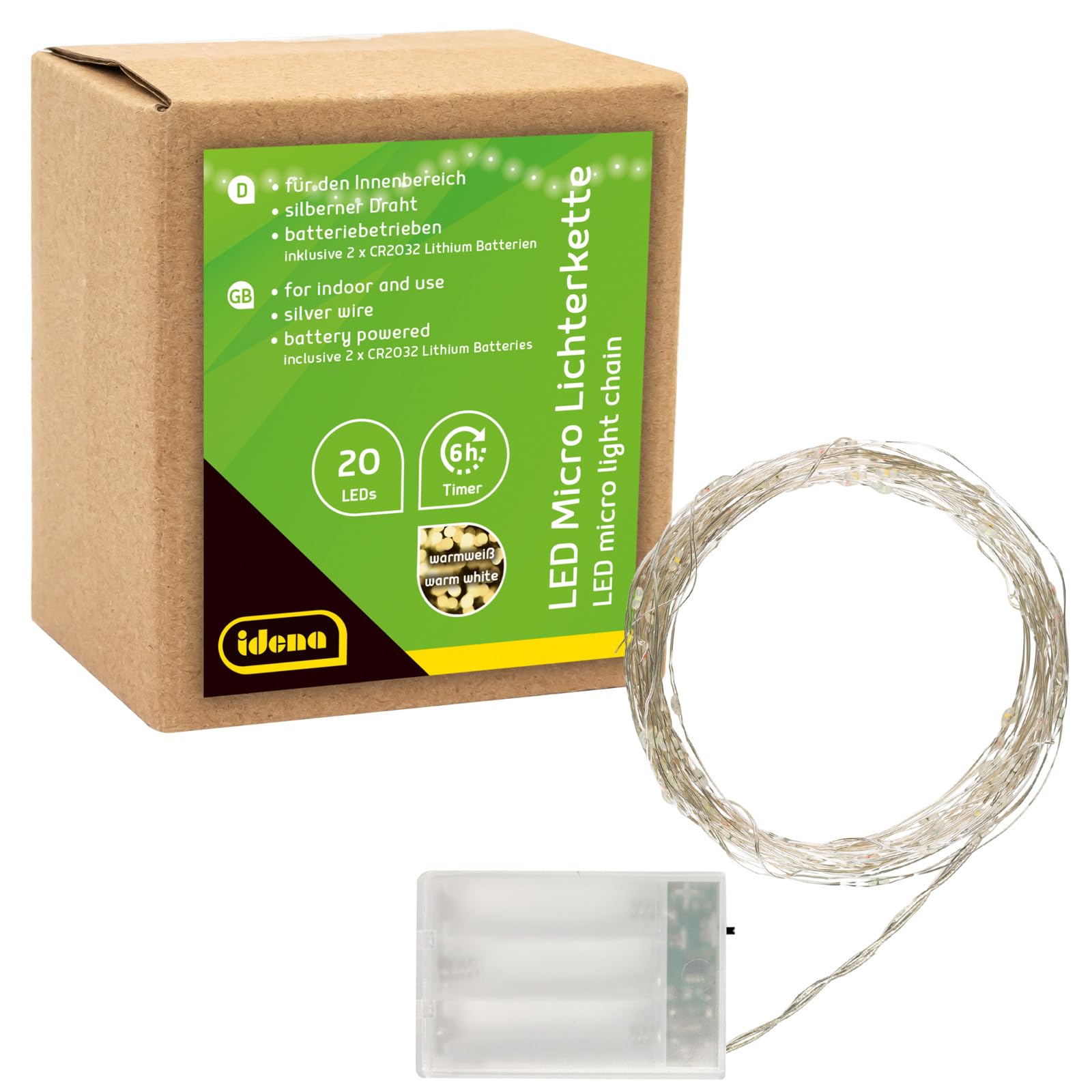 Idena 31118 LED Micro Fairy Lights with 20 LEDs in Warm White with 6 Hour Timer Function, Battery Operated, Approx. 2.2 m Long, for Parties, Christmas, Decoration, Wedding, as Mood Light