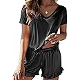 Ekouaer Satin Pajamas for Women Short Sleeve Silk Sleepwear 2 Piece Pjs Set with Ruffled Shorts Casual Loungewear