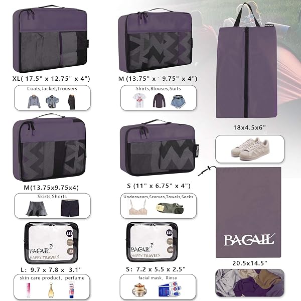 BAGAIL 8 SET/9 SET PACKING CUBES LUGGAGE PACKING ORGANIZER FOR TRAVEL, SUITCASE PACKING BAGS FOR TRAVEL ACCESSORIES(DARK GREY, 8 SET)