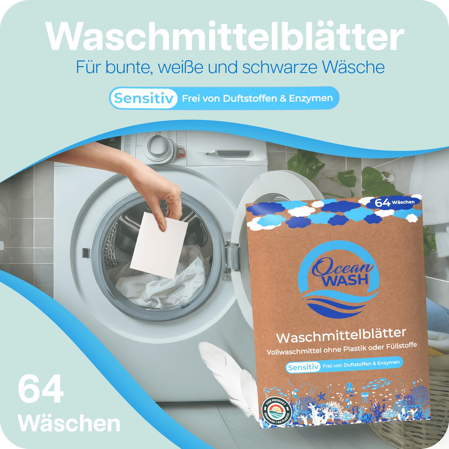 OceanWash Waschmittelblätter Sensitiv, Waschblätter Waschmaschine für alle Textilien und Farben, Waschtücher biologisch abbaubar, Laundry Detergent Sheets Vollwaschmittel, 64 Wäschen 2