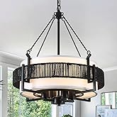 WBFDSW 18.7'' Farmhouse Rattan Chandelier,4-Light Farmhouse Boho Drum Chandeliers with Fabric Shade,Modern Black Chandelier f