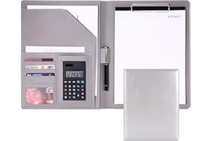 RHCSZ Portfolio Case,Leather Portfolio Folder Organizer, Resume/Conference Document Executive Organizer with A4 Size Clipboard,Business Card Holder,Handsome Portfolio for Women/Men,Silver Grey