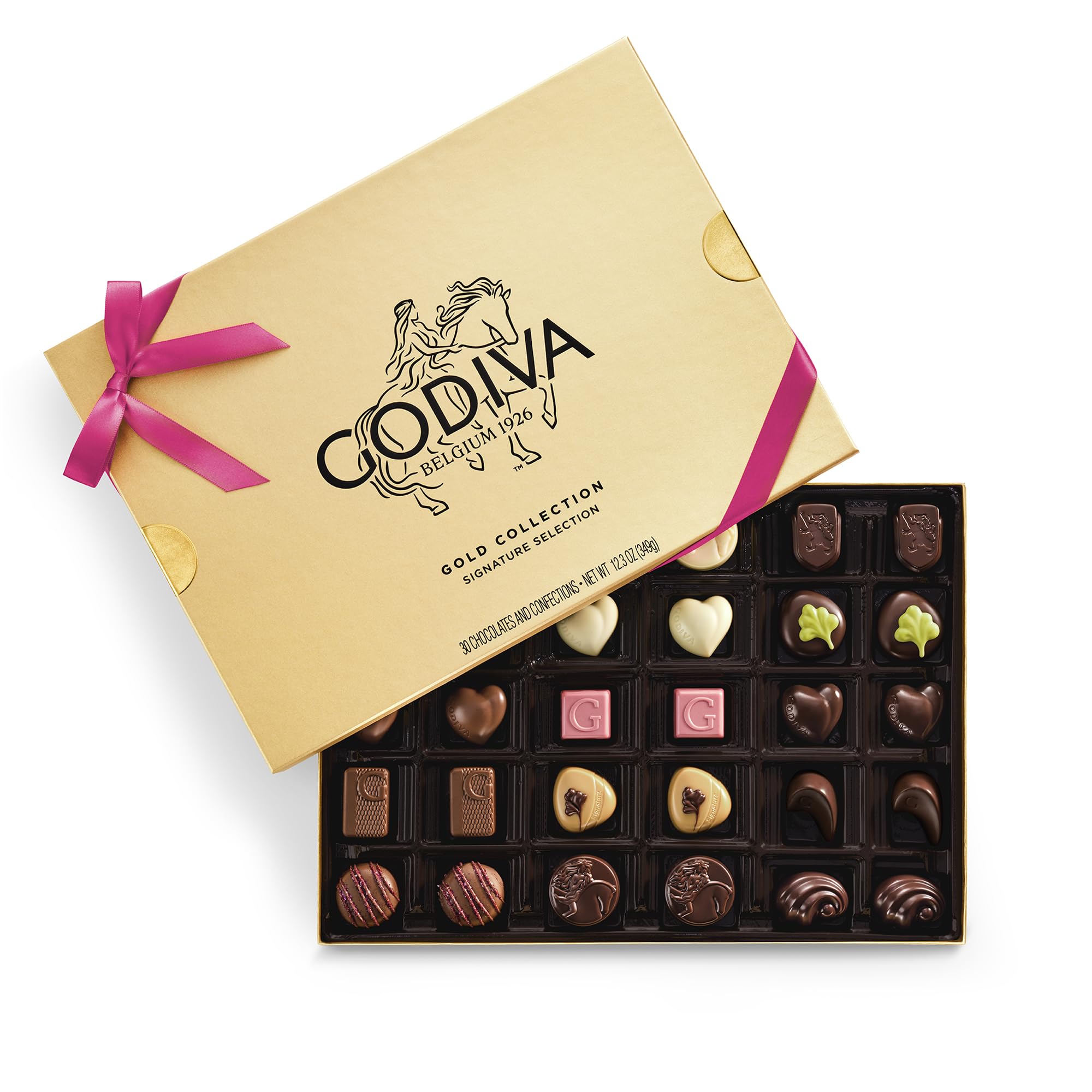 Godiva Gold Assorted Chocolate Gift Box, Belgian Dark & Milk Chocolates with Pralinés, Ganaches & Caramels, Gourmet Easter Present, Kosher, Azalea Pink Ribbon, 30 Pc