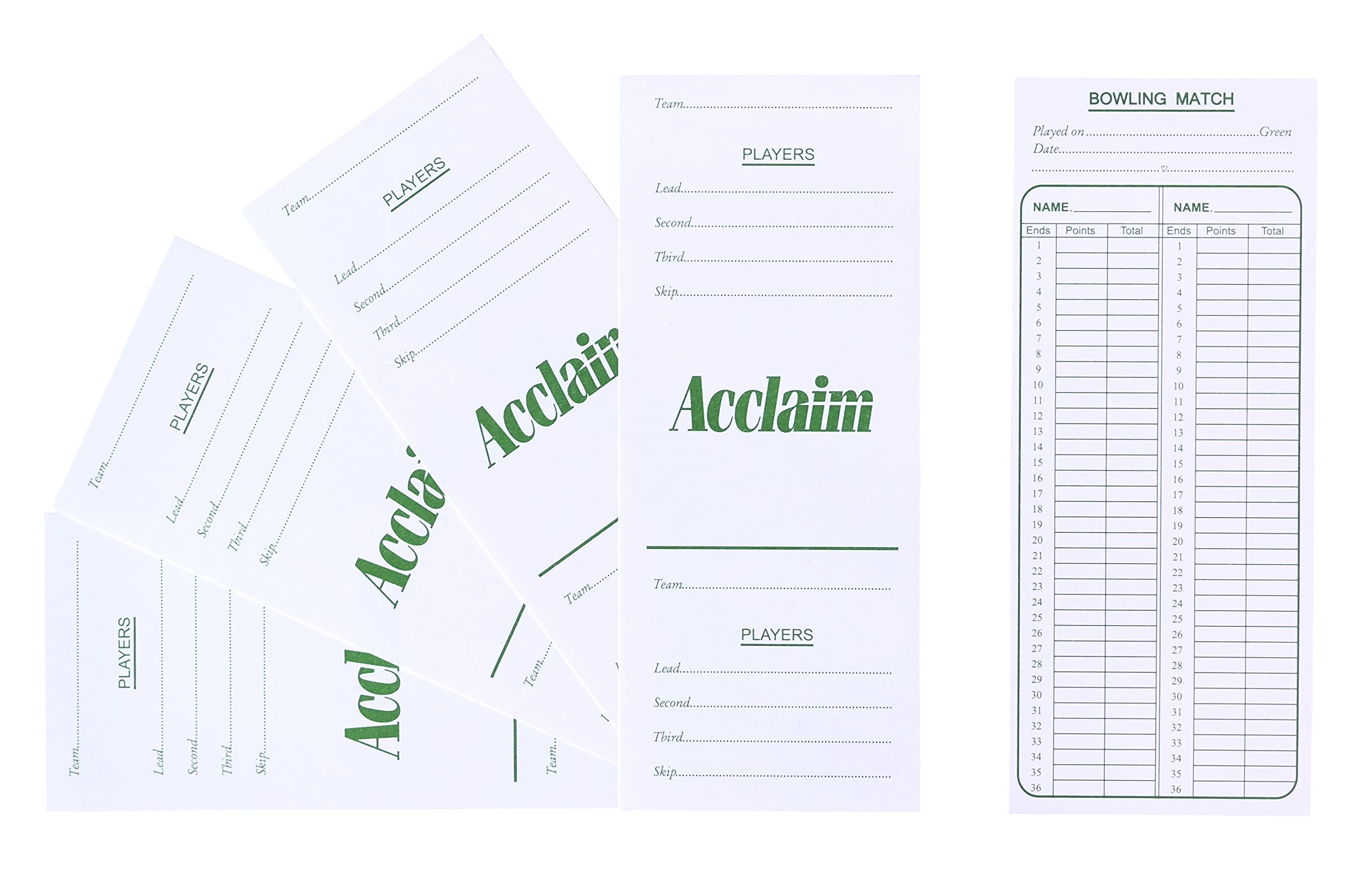 Acclaim Lawn Bowls Scorecards Scoring Pads Score Cards 500 Double Sided White Green Text Thick Card Printed Sheets 8" x 3 1/4"