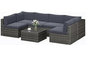 SUNVIVI OUTDOOR 7 Piece Patio Furniture Sets All Weather Gery PE Wicker Couch Sofa with Glass Table, Removable Dark Grey Cushions