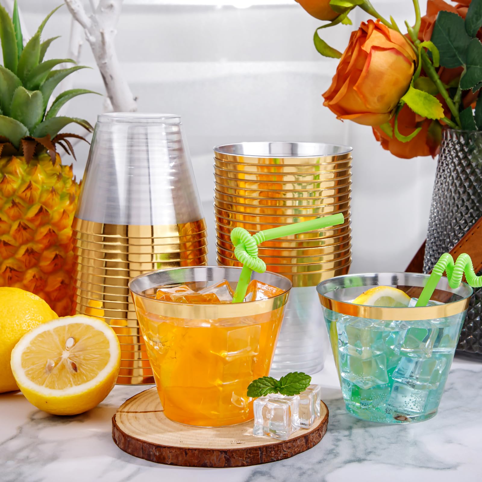 I00000 200 Pack Gold Rimmed Plastic Cups, 9 Oz Clear Disposable | Wedding Cup | Elegant Party Cups | Wine Glasses | Cocktail Glasses | Drinking Tumblers