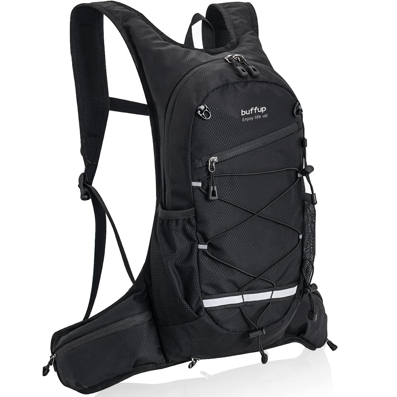 buffup® Lightweight bike Backpack with Belt Bag and Helmet Cover - Padded and Waterproof Hydration Backpack - Outdoor Backpack for Sports and Recreation (black)