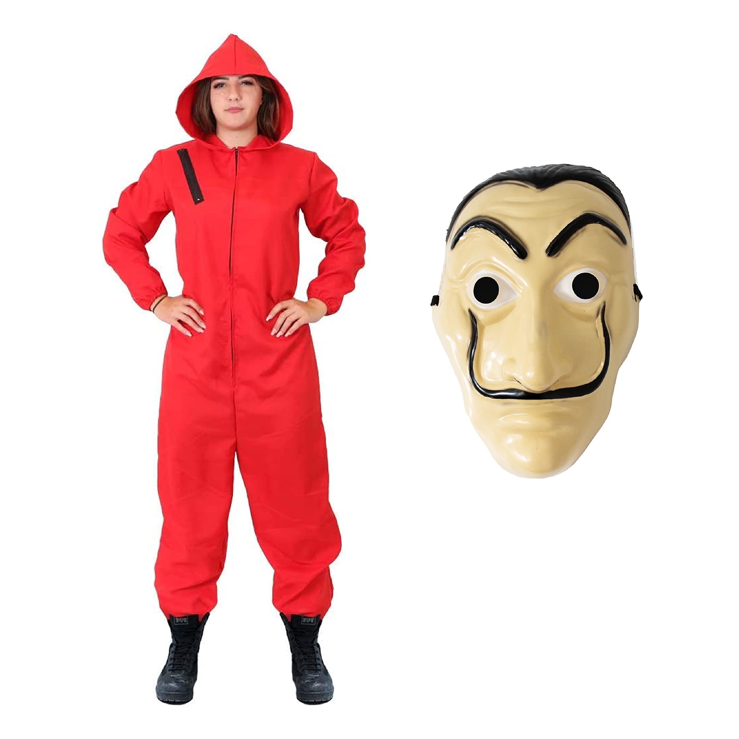 Adults Bank Robber Halloween Costume - Red Jump Suit with Attached Hood and Mask - Adults Halloween Fancy Dress Costume (Small)