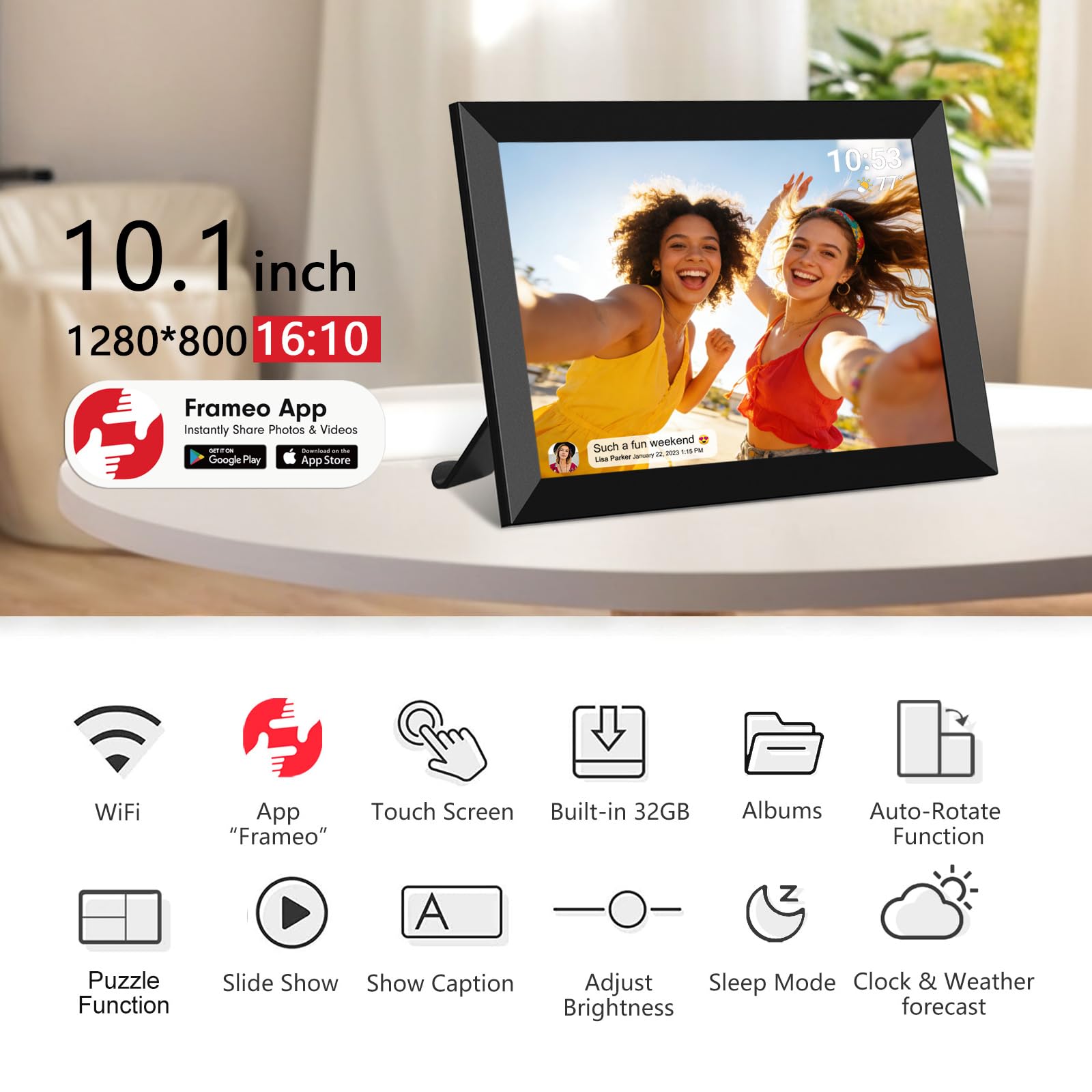 Condition photo showing As Is for 32gb frameo 10.1 inch smart wifi digital photo frame 1280x800 ips lcd touch screen, auto-rotate port