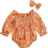Gueuusu Newborn Baby Girl Fall Outfit Pumpkin Long Sleeve Cotton Linen Romper Smocked Bodysuit with Headband Set