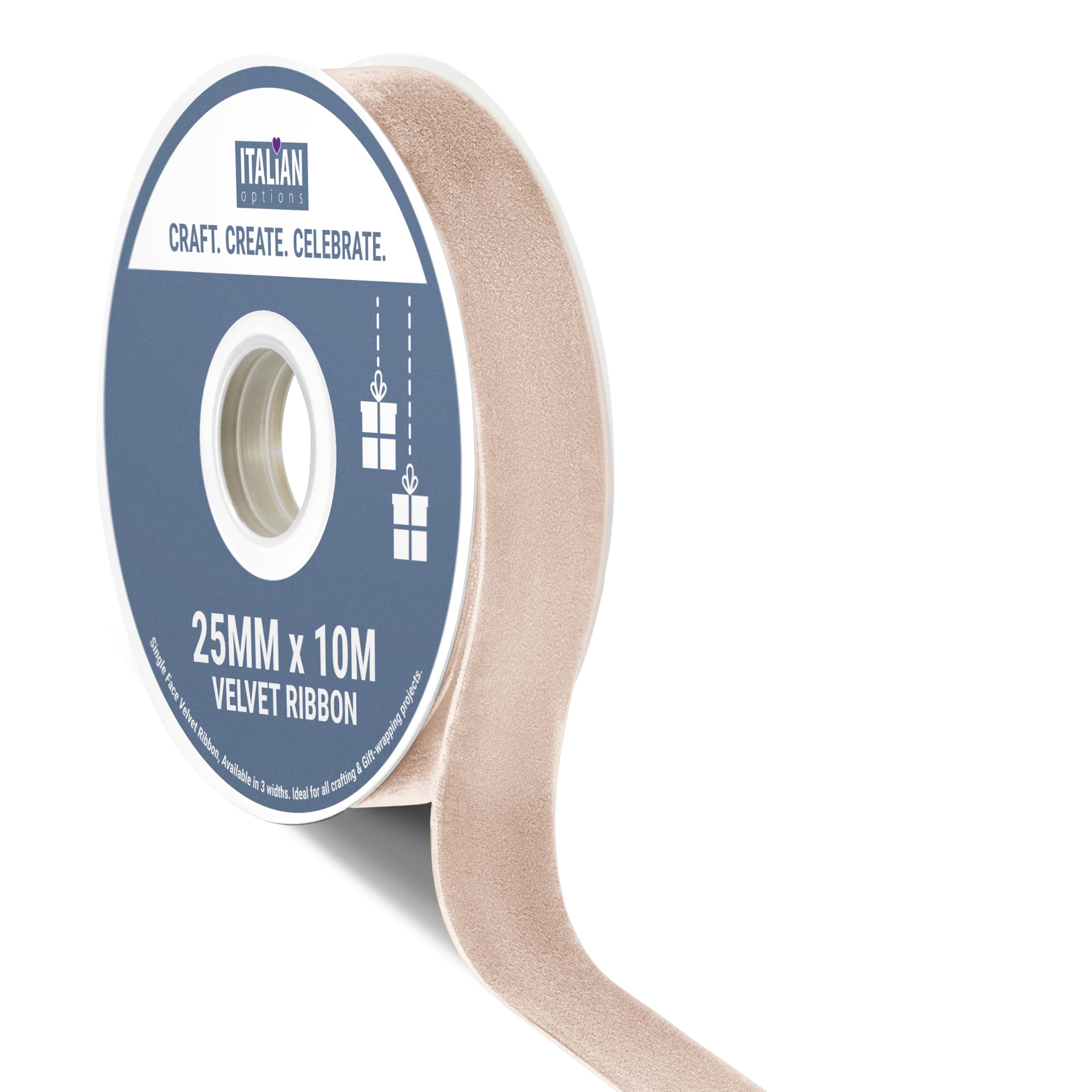 Italian Options Velvet Ribbon, Luxury, Single-Face Velvet Ribbon for Crafting, Christmas, Bows, Hair, Cakes, Weddings, Ornaments, Gift Wrapping, Flowers, 25mm x 10 Metre Roll, Taupe