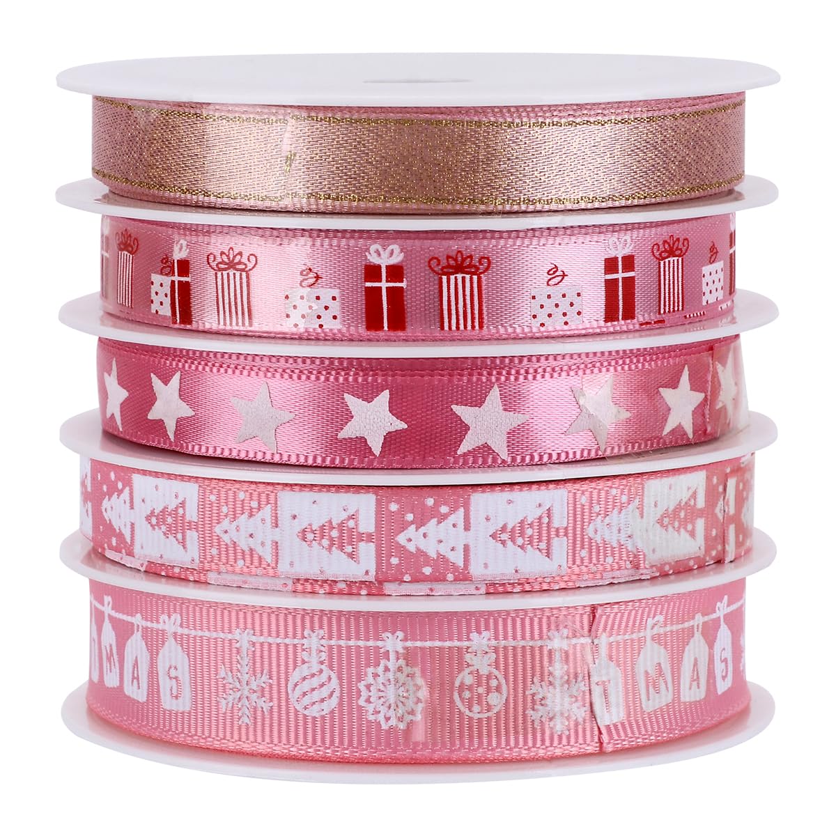 Amosfun 25 Yards Christmas Ribbon 5 Style Satin Ribbons Merry Christmas Themed Set Pink Xmas Rolls Set for Wrapping and Crafting
