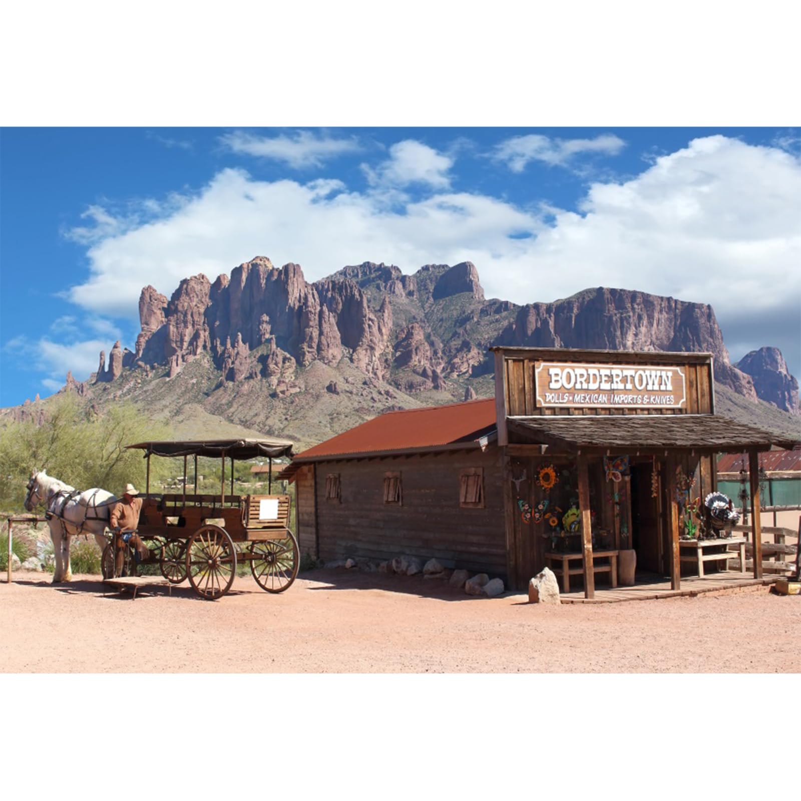 YongFoto 12x8ft Wild West Backdrop Photo Rustic Shabby Wooden House Wagon Carriage Mountain Natural Landscape Western Cowboy Background for Western Party Decor Nostalgia Rustic Photoshoot Backdrops — image 1