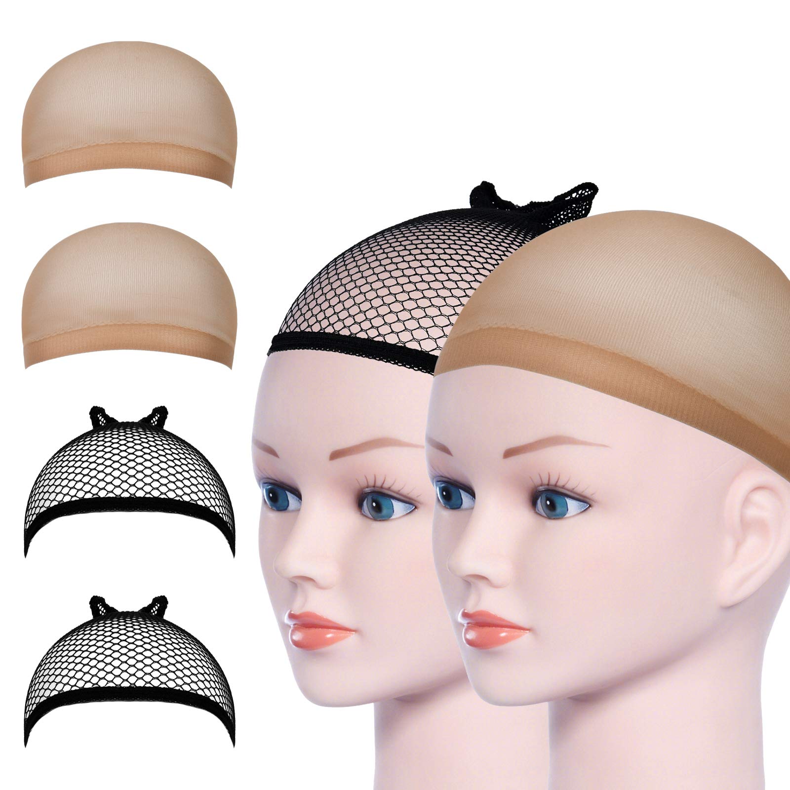 4 Pack Wig Caps, URAQT Nylon Hair Wig Caps Neutral Nude Beige and Black for Women and Men