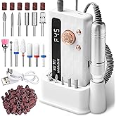 Professional Nail Drill Kit 45000RPM, Portable Electric Nail File with 13 Bits & 56pcs Sanding Bands,LED Screen,Ultra-Silent, Rechargeable Nail Drills Machine for Acrylic Nails Gel Polishing (White)