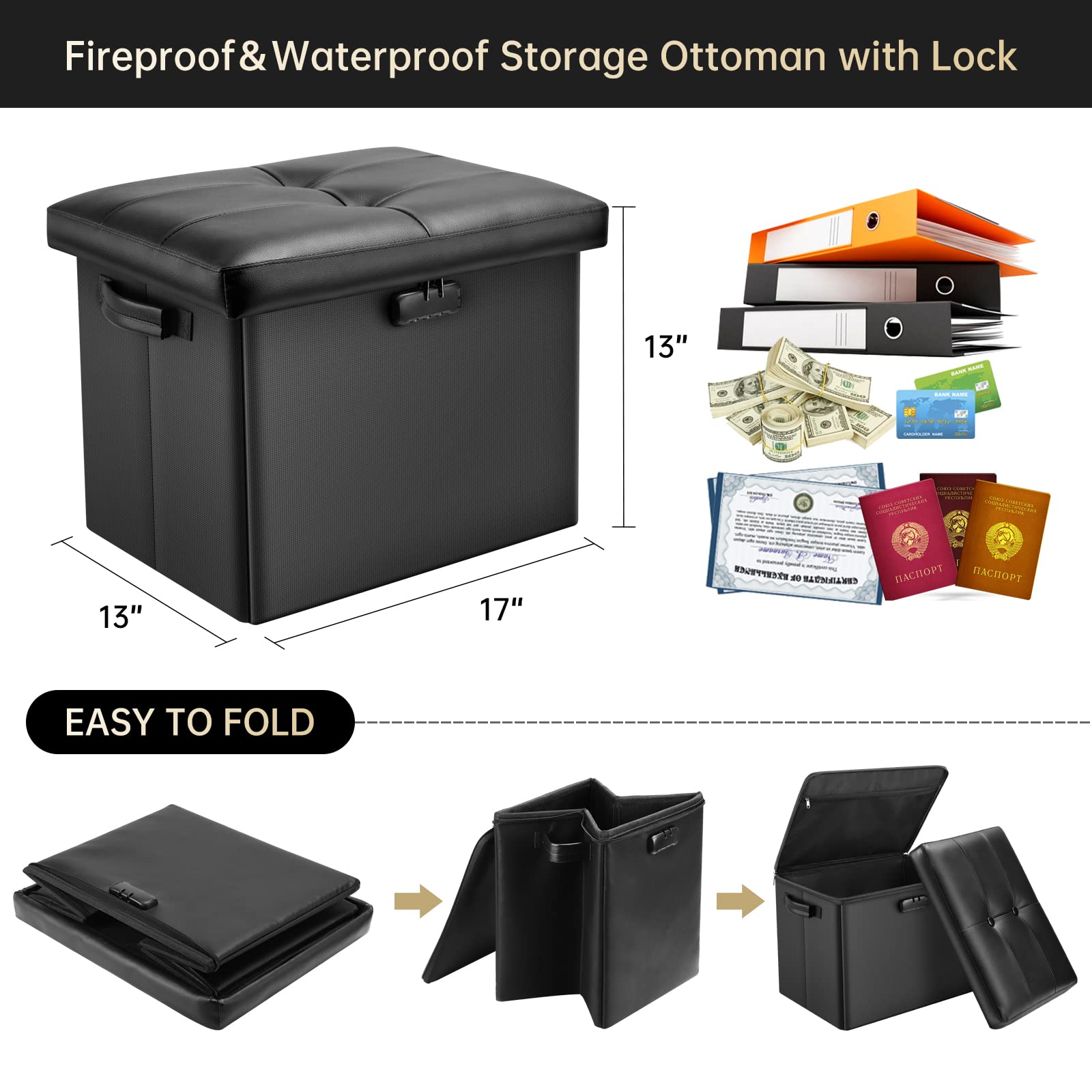 DocSafe Storage Ottoman with Lock,Fireproof Folding Ottoman Foot Rest Stool Storage Chest with Storage Safe for Important Documents,Waterproof 17 Inches Short Ottoman Foot Stool with Handles,Black - Image 6