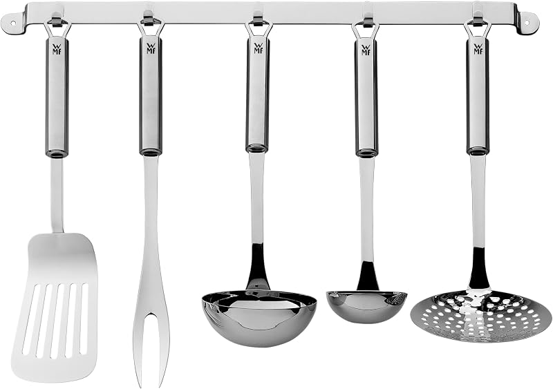 Profi Plus - Juego de Cocina 6 piezas, Estante para Colgar con 5 Ayudantes, Cucharón, Espumadera, Cuchara para salsa, Espátula, Tenedor para carne, Acero Inoxidable Pulido