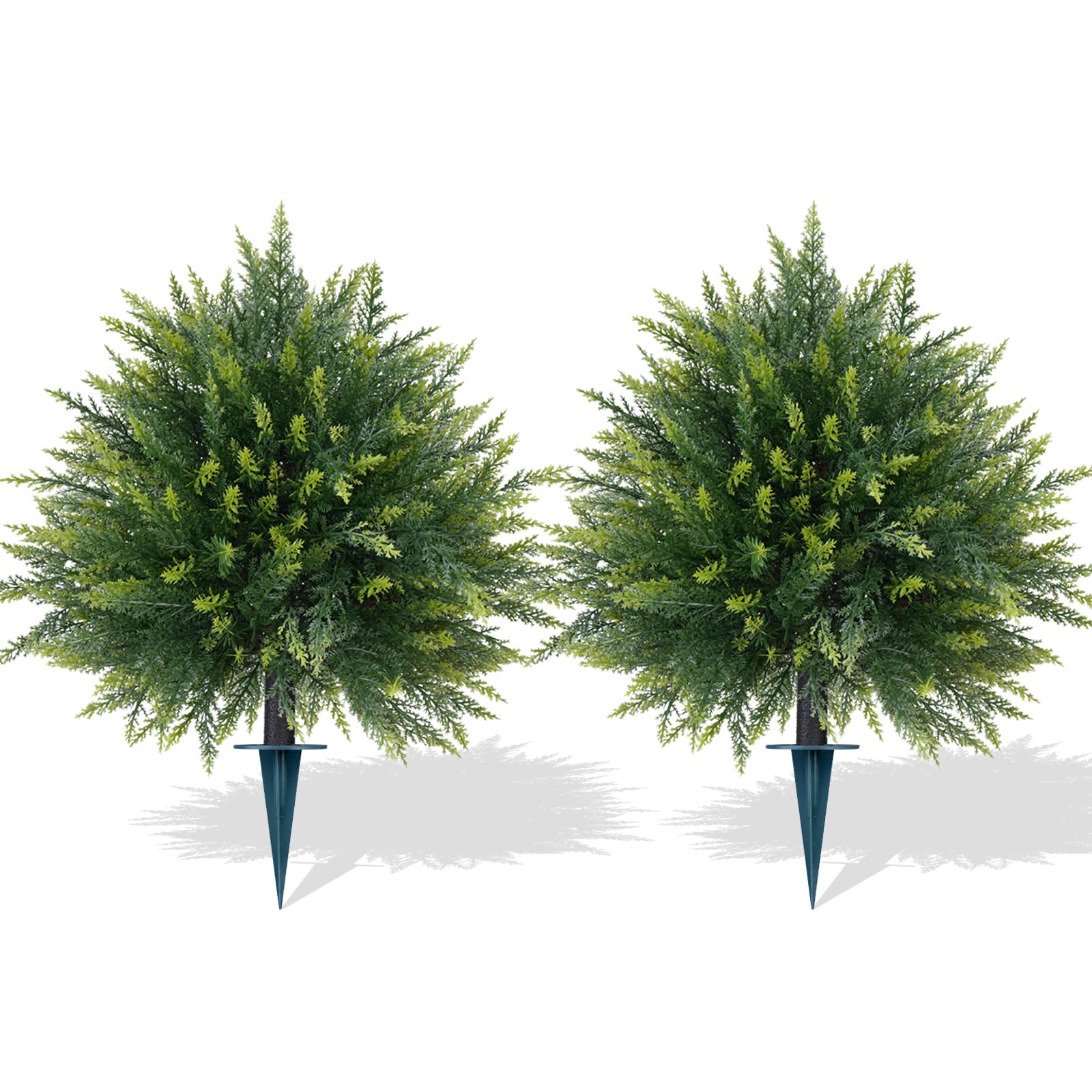 Artificial Cedar Topiary Trees with Ground Spike, 2 Pieces Fake Pine Shrubs Bushes, UV Resistant Faux Evergreen Cypress Tree Plants for Indoor Outdoor Planters Front Porch