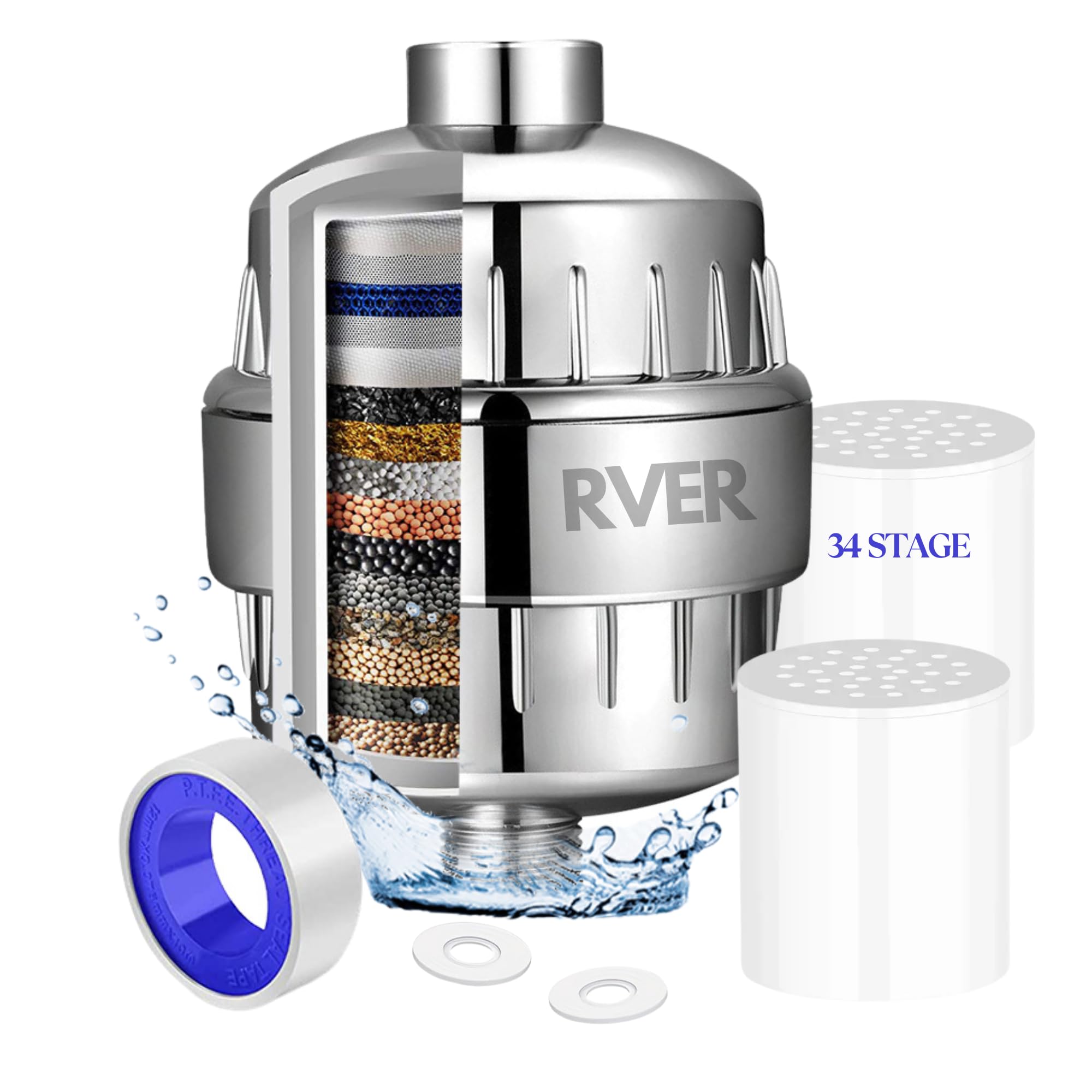 RVER 34 Stage Shower Filter with Vitamin C for Hard Water, Water Softener Shower Head with Replaceable Multi-Stage Shower Head Filter, Removes Chlorine, Fluoride (34 Stage Shower Filter/2 Cartridges)