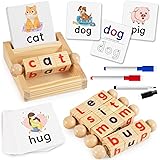 Montessori Toys for Toddlers 3 4 5 Years Old Wooden Reading Writing Blocks Flash Cards Rotating Matching Letters Toy Short Vo