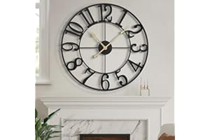 LEIKE Large Wall Clock, 24" Silent Non-Ticking, Battery Operated, Oversized, Decorative Retro Black Metal Clock for Living Room,Farmhouse, Dinner Room,Indoor, Outdoor Decor(60cm, Black Arabic Number)