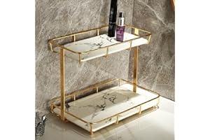 DOBBYBY Bathroom Organizer Countertop Perfume Organizer Makeup Organizer Cosmetics Storage Display Rack Vanity Tray Dresser Stainless Steel Gold Shelf White Marble Ceramic Tray