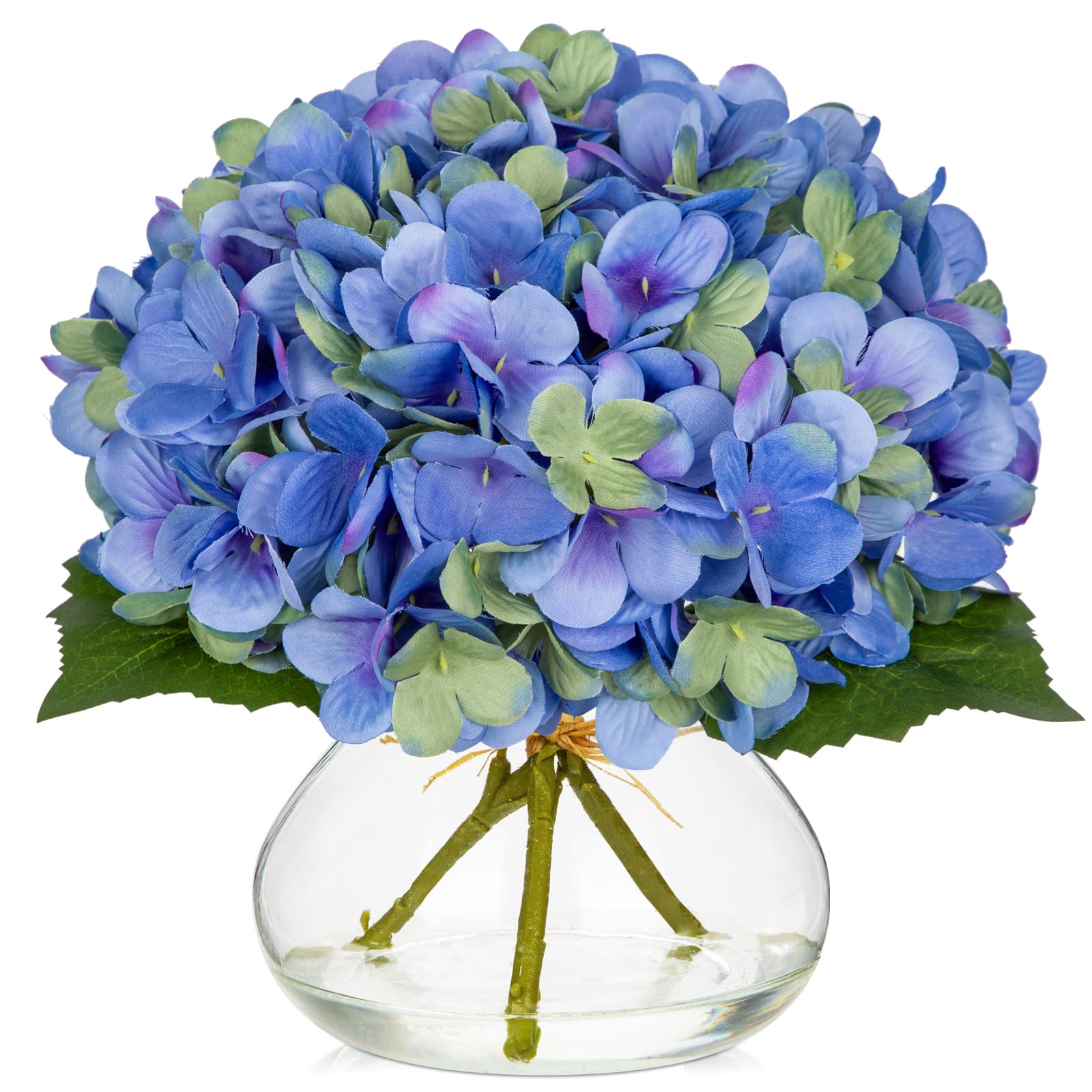 Photo 1 of Hollyone Hydrangea Artificial Flowers with Glass Vase Blue-Green Silk Faux Flowers Arrangements in Vase with Faux Water Fake Floral Bulk Bouquet for Home Decor Table Centerpiece Decorations