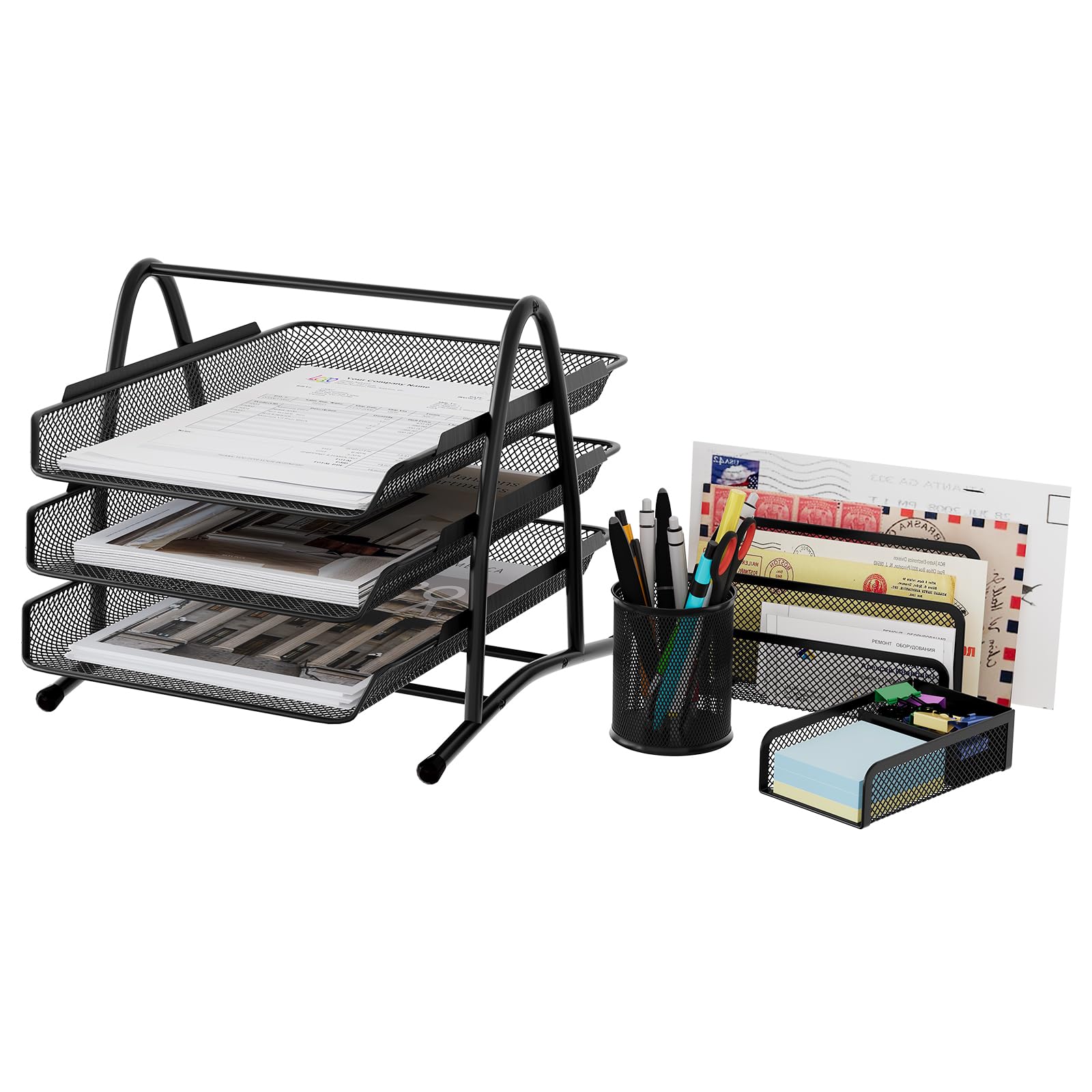 EasyPAG Office Desk Tidy 4 Piece Organiser Set - 3 Tier A4 Filing Tray,Pen Pot,Sticky Note Holder,Letter Sorter Rack,Black