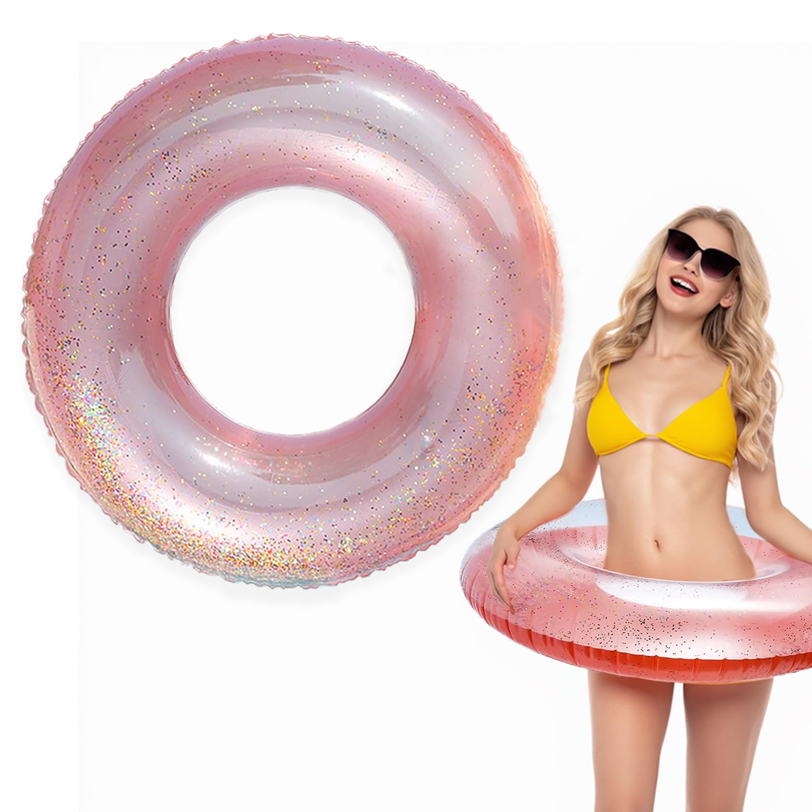 Inflatable Swimming Ring with Glitter Transparent Sequins Rubber Rings Pool Float for Adults Kids Durable Floating Swim Tube Beach Party Summer Water Fun