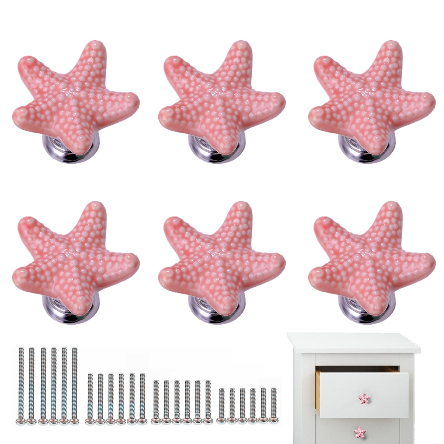 MayGreeny 6 PCS Drawer Handles with 4 Sizes Screws, Coastal Ceramic Kitchen Handles, Starfish Drawer Knobs, Cupboard Door Handle for Dresser Bathroom and Kitchen, Beach Ocean Theme Cabinet Knobs,Pink — image 1