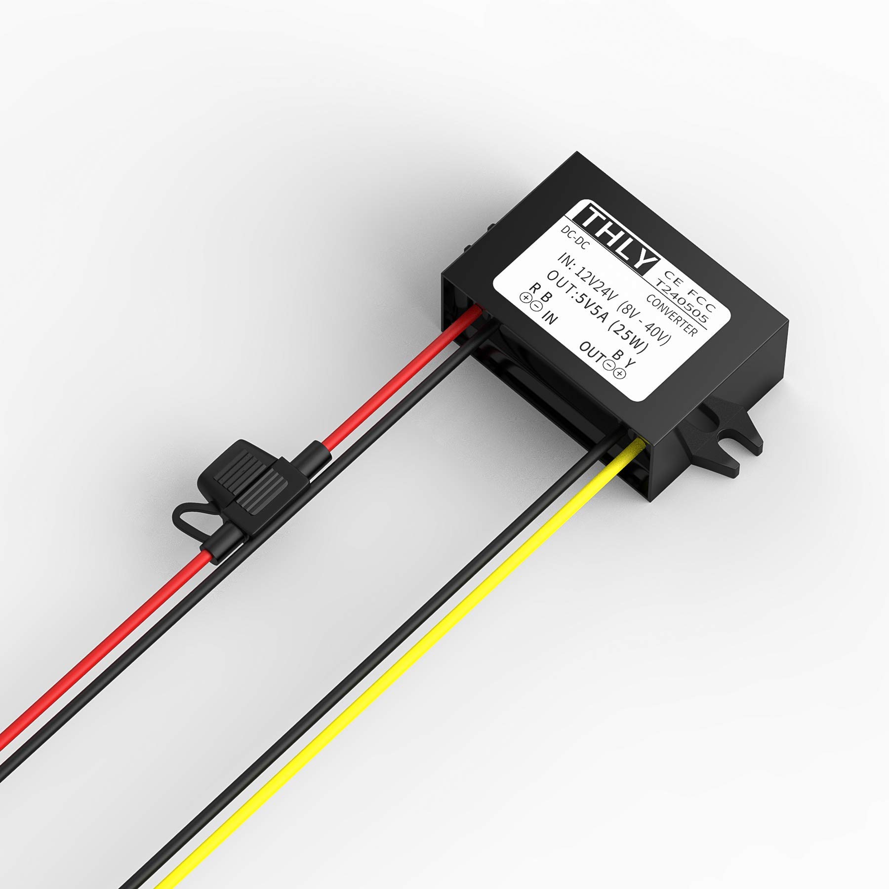 DC Buck Converter, 24V 12V to 5V Step Down Converter (Accept DC 8-40V Inputs) 5A 25W with Fuse Waterproof, Voltage Reducer for Car Electronics Truck Vehicle Boat Solar System Golf Cart LED Light