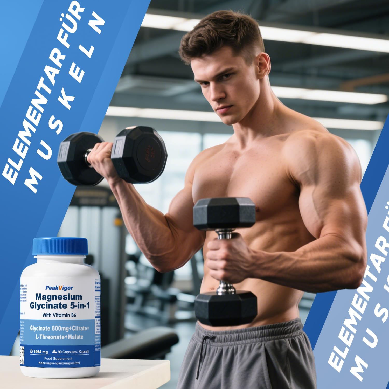 Magnesium Komplex 5 in 1-226mg elementares 105% NRV- Premium 1464mg Magnesiumglycinat, Citrat, Malat, L‑Threonat, Vitamin - hochdosiert - zur Unterstützung von Muskeln, Knochen, Herz, Nerven 5