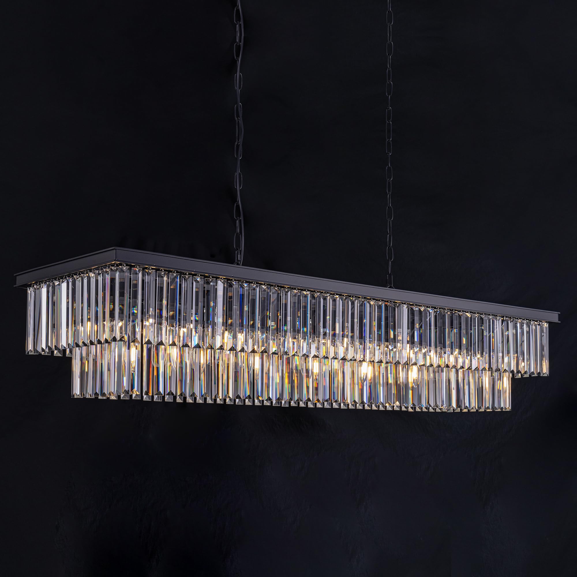 Photo 1 of *** MINOR DAMAGE *** Wellmet Crystal Chandelier, 57 Inch 13-Light Black Chandelier for Dining Room Light Fixture Ceiling Hanging, Modern Rectangular Chandeliers for Kitchen Island, Living Room, Bedroom, Dining Table