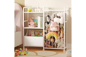 BBLIKE Stuffed Animal Storage - Stuffed Animal Net with Kids Bookshelf and Toy Organizer, 2-Tier White Bookshelf with Stuffed Animal Holder and Fabric Toy Chest for Kids Room, Playroom, Nursery, White