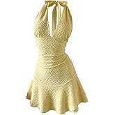 WDIRARA Women's Bow Tie Backless Sleeveless Halter Mini Dress Deep V Neck Layered Ruffle Short Dresses