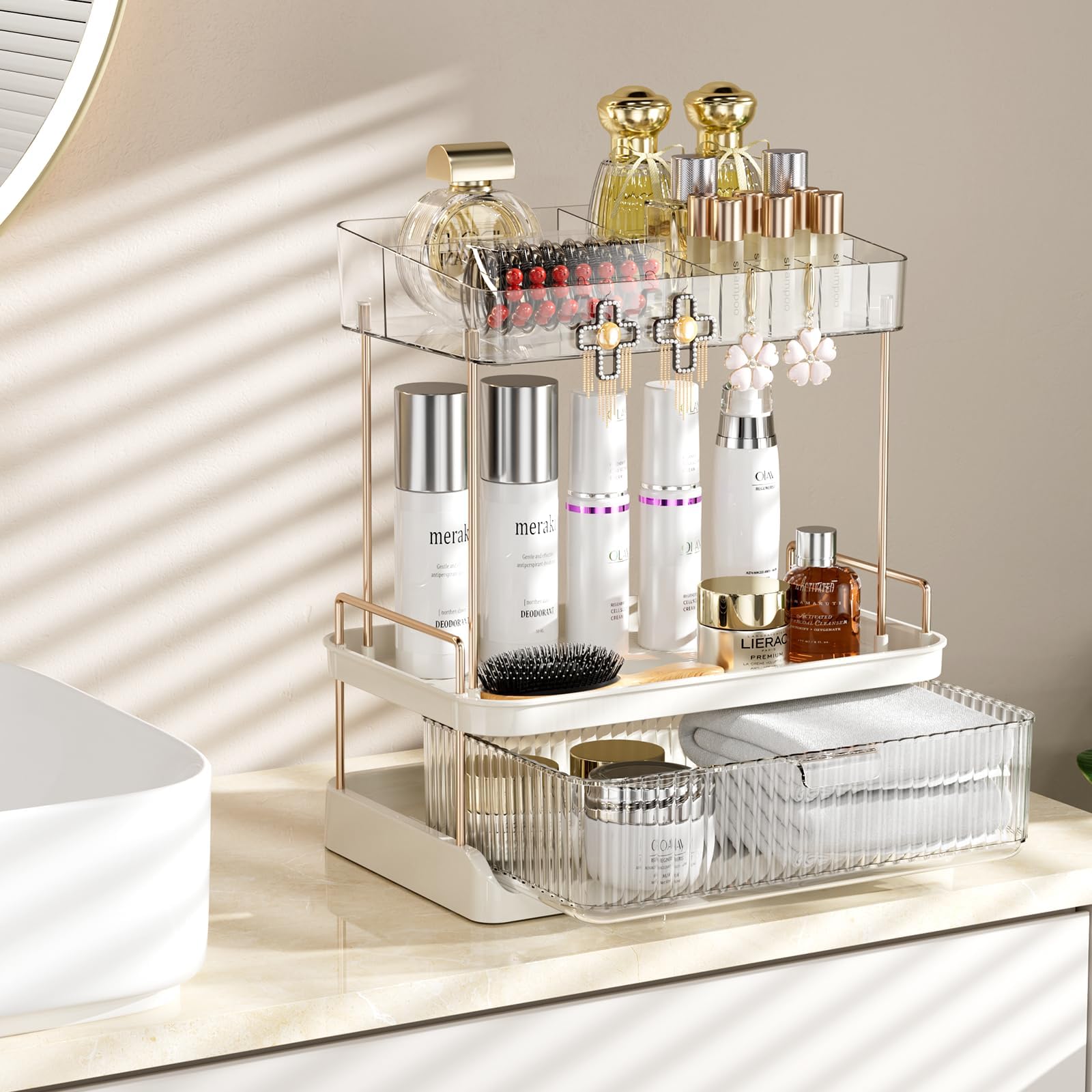 Delamu Bathroom Counter Organizer 2 Tier Large Drawer Skincare