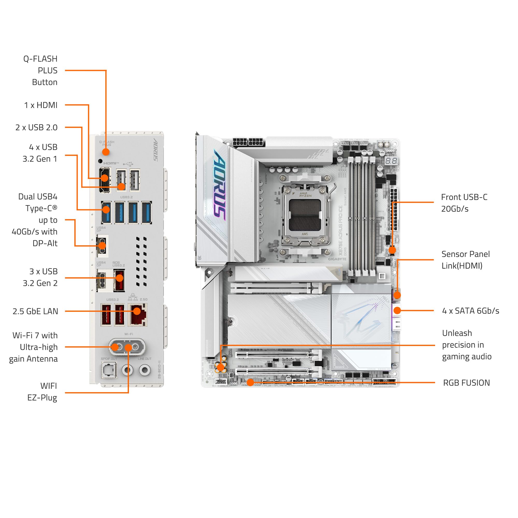 GIGABYTE X870E AORUS PRO ICE AMD AM5 LGA 1718 Motherboard, ATX, DDR5, 4X M.2, PCIe 5.0, USB4, WIFI7, 2.5GbE LAN, EZ-Latch, 5-Year Warranty
