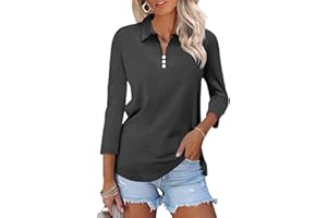 TICTICMISS Womens Tops 3/4 Sleeve Polo Shirts Business Casual V Neck Collared Shirts Basic Tees Blouse