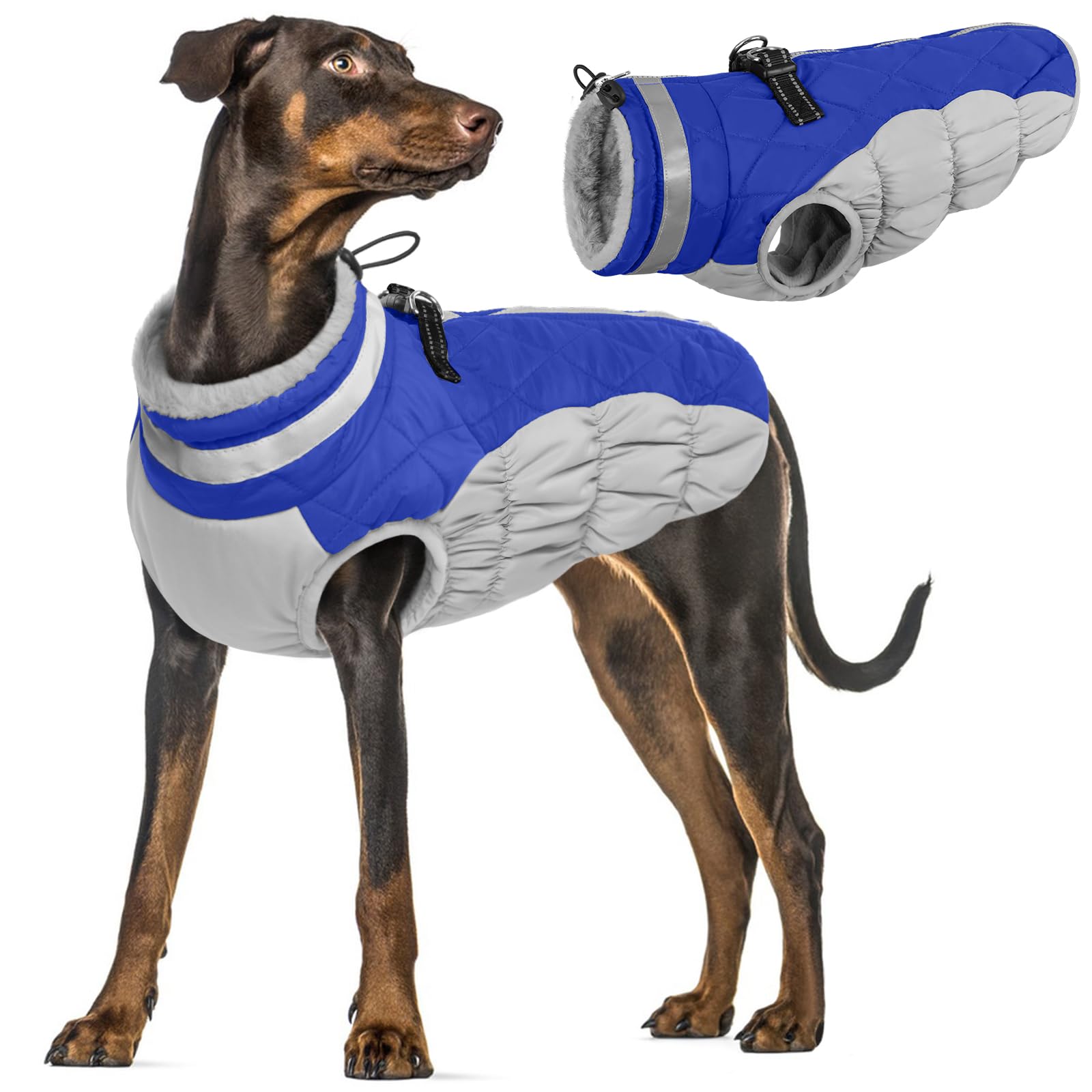 Waterproof Dog Coat, Thick Fleece Jacket Windproof Warm Reflective Dog Outdoor Snow Jacket Body Warmer with Metal D-Rings Provide Protection from Rain and Wind(Blue, 2XL) — image 1